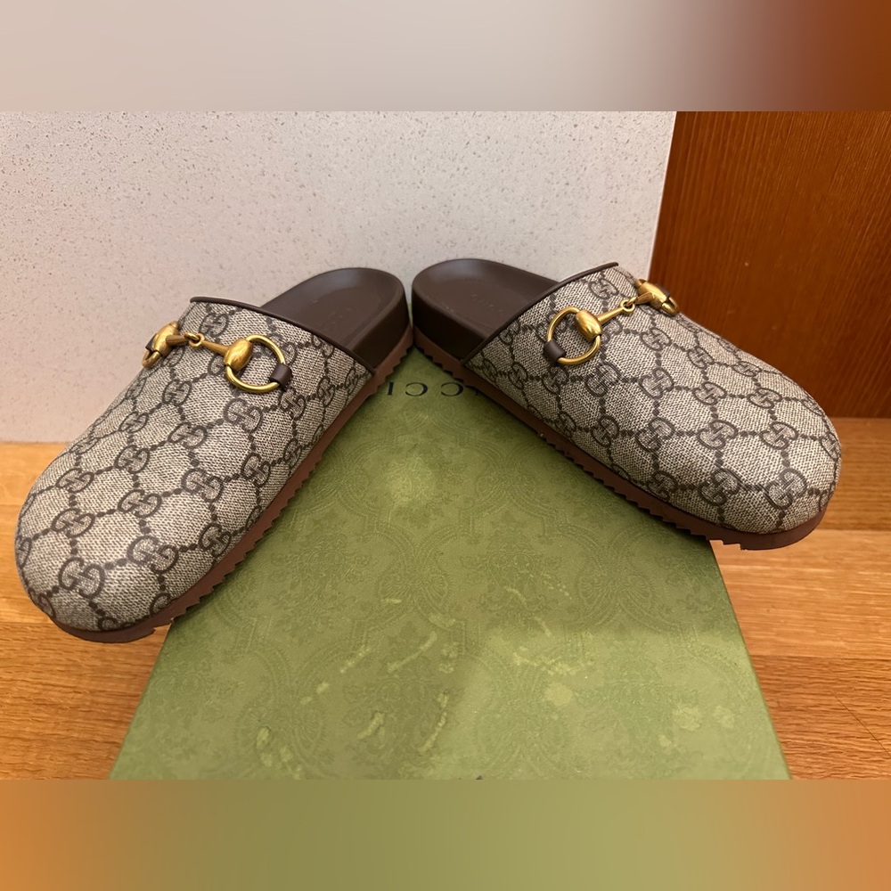 Gucci Beige Monogram Mules with Gold Hardware - Picture 2 of 10